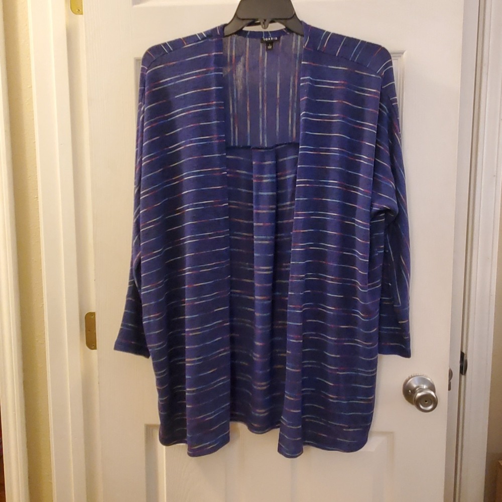Torrid sz 1 light weight open front cardigan blue striped long slv casual career